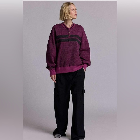 BDG Women’s Cameron Henley Striped Knitwear Pullover Size Small Purple/Black - Picture 4 of 6